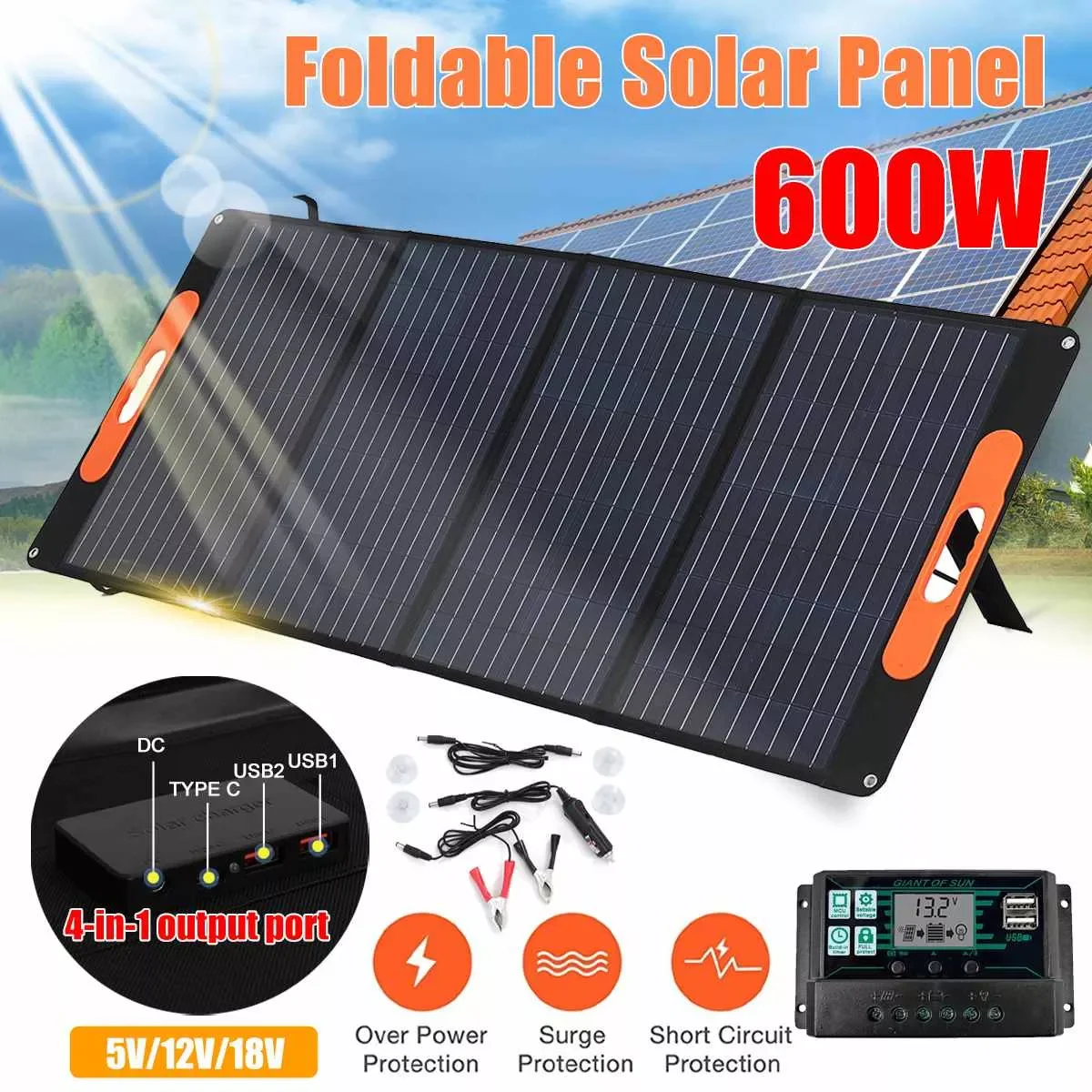

600W Foldable Solar Panel 4in1 Port 100A Controller Outdoor Folding Solar Cell Power Battery Charger for Phone RV Car Camping