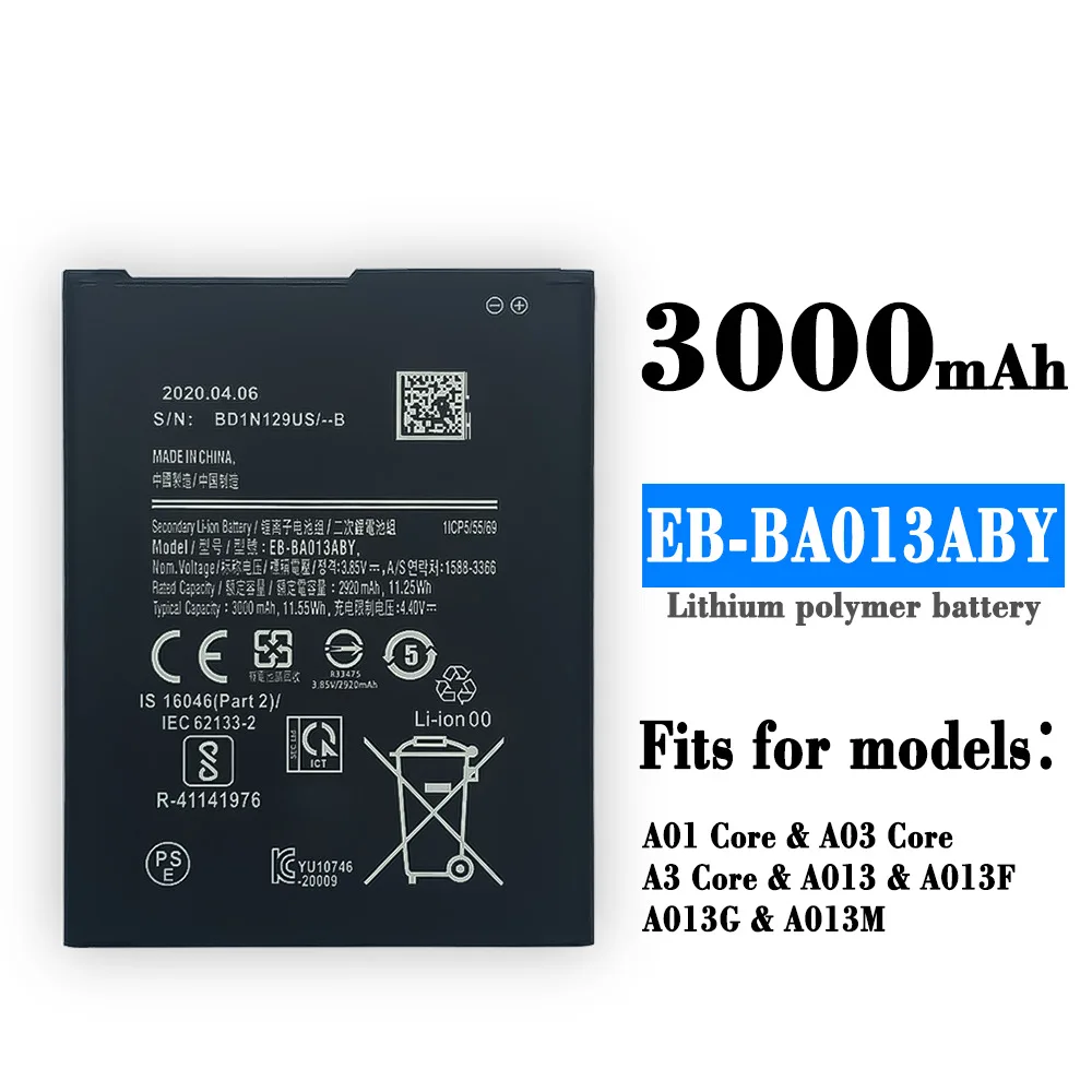 

EB-BA013ABY аккумулятора 3000 мА ч, для Samsung Galaxy A01, A3 Core, A03, A013, A013F, A013G, A013M