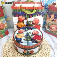 new year fashion custom small and medium christmas series round bear cookie packaging tinplate snowflake cake candy