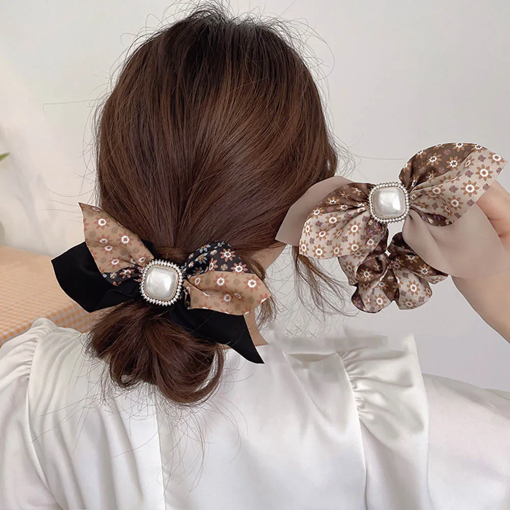 

Korean Fashion Simple Bow Scrunchie With Pearl For Women Elastic Rhinestone Hair Bands Girls Ribbon Hair Ties Vintage Headwear