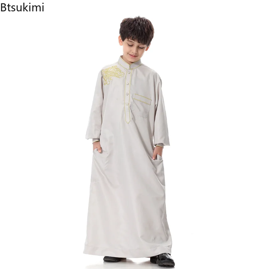 2023 Muslim Boys Kids Children Teens Saudi Robe Jubba Thobe Arab Dress Islamic Clothing Abaya Ramadan Middle East Prayer Wear