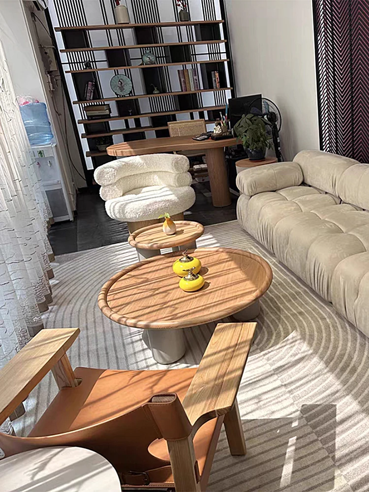 

Small unit tea table size circle combination full solid wood high low log net red circle tea table Nordic Japanese style