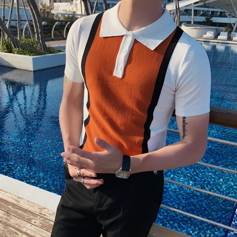

British Style Fashion Polo Shirt Contrasting Colors Summer Short Sleeve Knitted Polo Shirt Men Simple Turn Down Collar Slim Tees