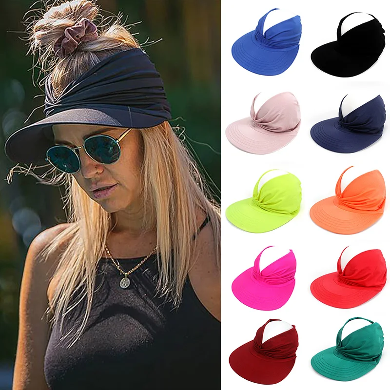 

Women Summer Visors Hat Female Anti-Ultraviolet Elastic Hollow Top Hat Wide Large Brim Sun Cap Lady Beach Sun Protection Caps