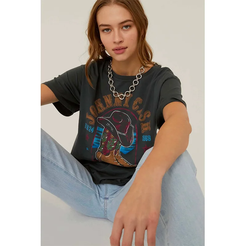 

Summer retro denim style graphic print T-shirt 90s pullovers for men and women Harajuku oversized casual summer short sleeves