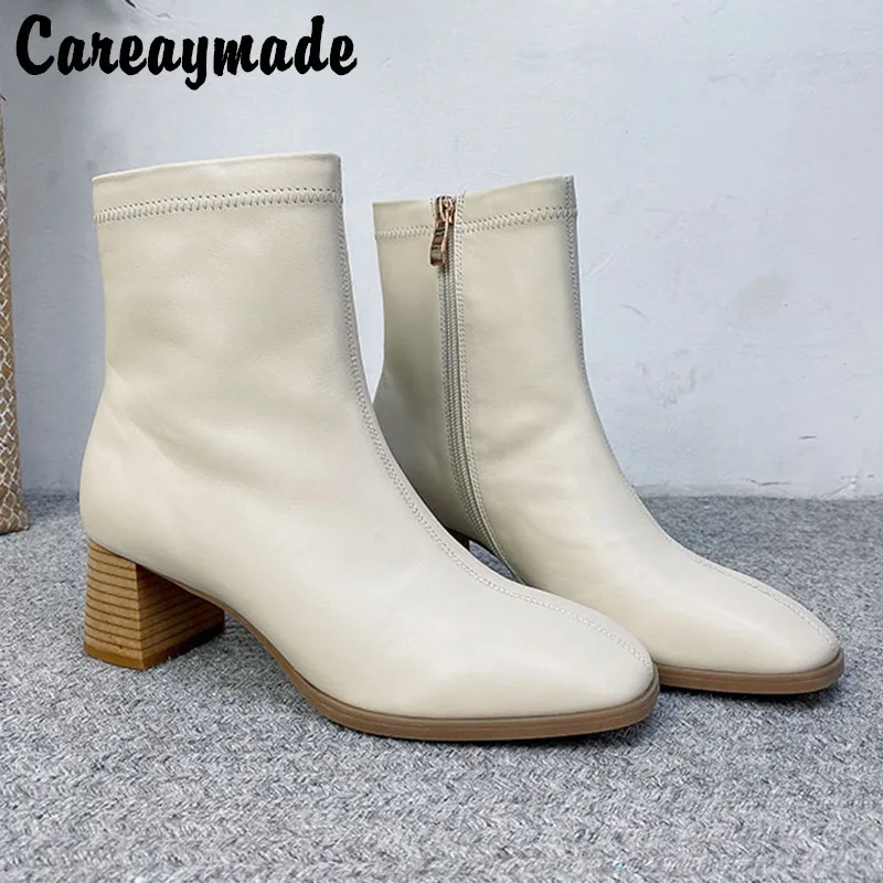 

Careaymade-100% Genuine leather women's boots,Autumn new solid color mid barrel side zipper Korean fashion boots Modern boots