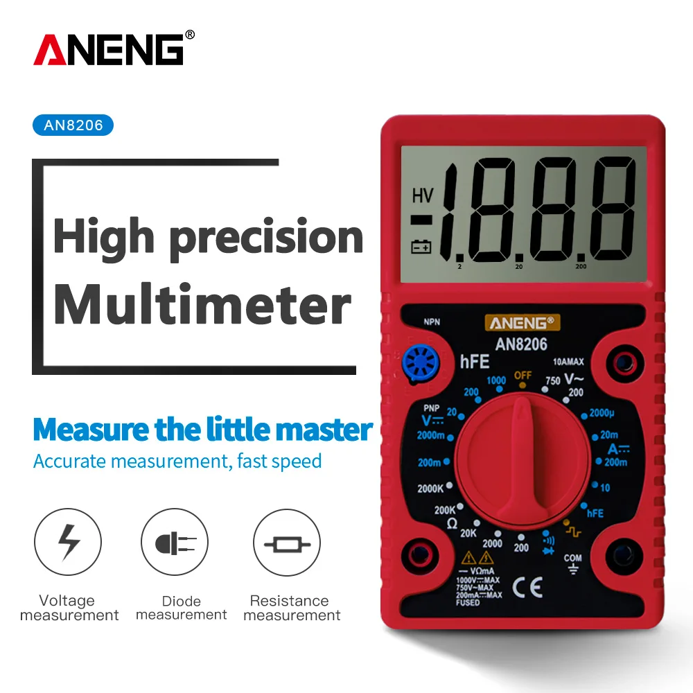 

ANENG AN8206 Mini Digital Multimeter LCD Large Screen Display Wave Output Ampere Voltage Ohm Tester Overload Protection