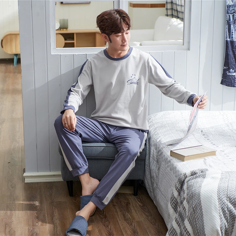 QUHENG Pijama for Men 2022 Cotton  Lounge Sleepwear Pyjamas Long Sleeve Round Neck Home 2 Pieces Clothes Man Cotton Pajamas Set