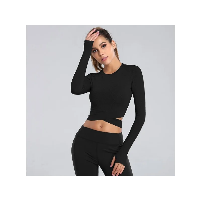 

Женские сексуальные футболки для йоги с открытым пупком, рубашки с длинным рукавом для бега, спортивные рубашки, быстросохнущие кроп-топы д...