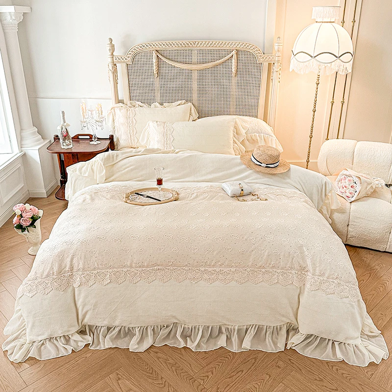 

Романтический Кружевной Комплект постельного белья в стиле пэчворк с оборками в винтажном французском дворцовом, бархатный флисовый королевский комплект пододеяльника, простыня, наволочки