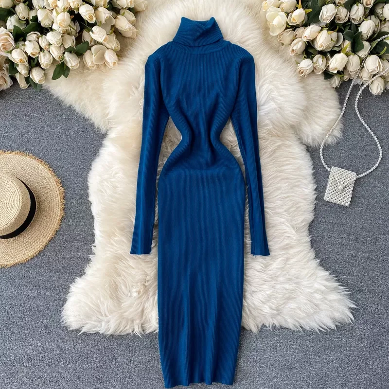 

2022New Dress 2022 Winter Turtleneck Warm Long Sleeve Knit Dress Korean Fashion Casual Solid Women Midi Bodycon Dress