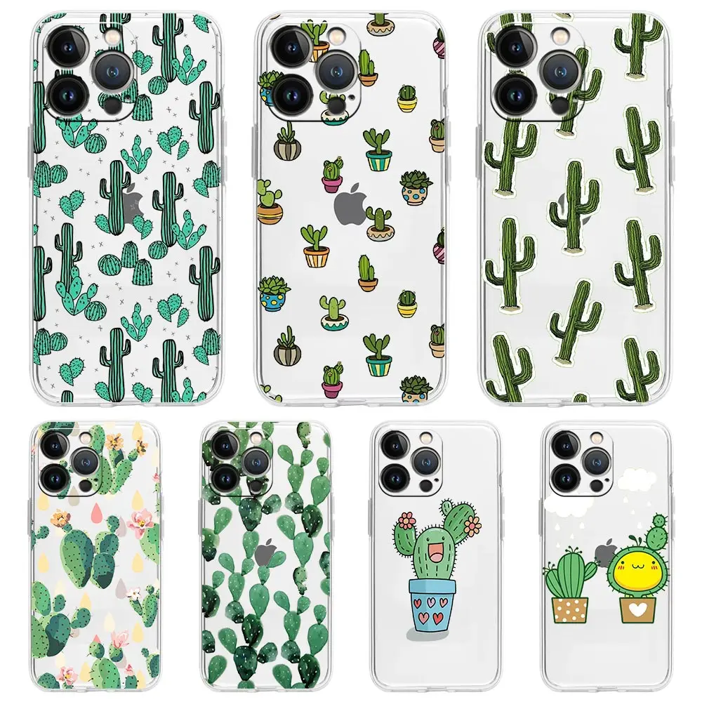 

Phone Case For iPhone 13 11 12 Pro Max X XR XS 7 8 Plus SE 2020 Transparent Soft Silicone Cover TPU Fundas Coque Cute Cactus