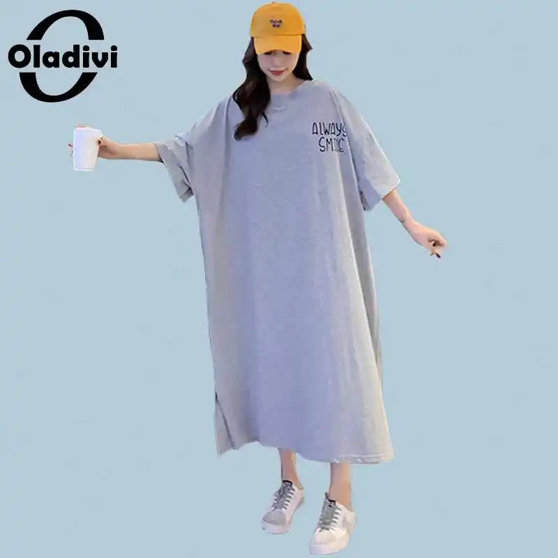 

Oladivi Oversized Clothing Fashion Letter Print Cotton Dress Women's Casual Loose Shirt Dresses Long Tunic Vestidios Robe Femme