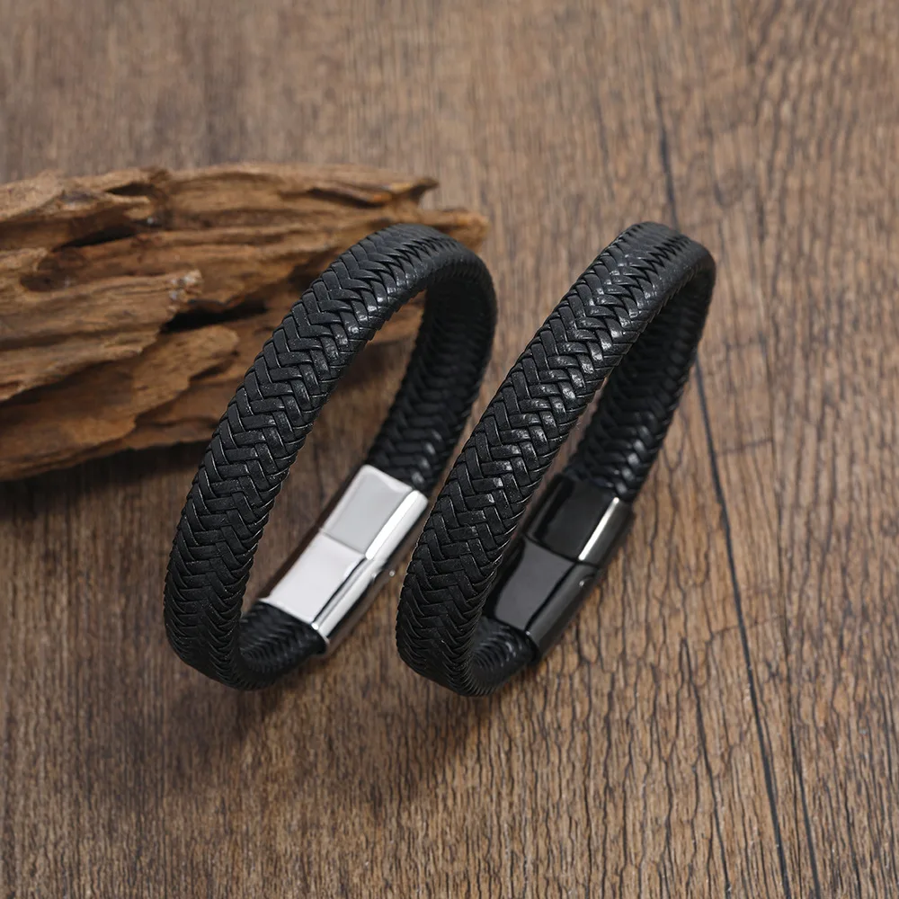 

Steampunk Titanium Steel Men's Braided Leather Bracelet Black Stainless Steel Versatile Bracelet Men's Accessories Gift Wholesal