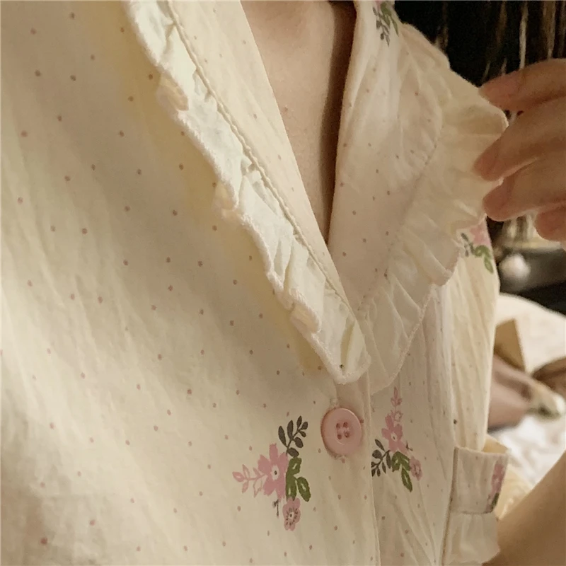 Summer Polka Dot Sleepwear Home Suit Women Pajama Set Floral Print Shorts Pijamas Short Sleeve Sleepwear Cute Elastic Wasit D282