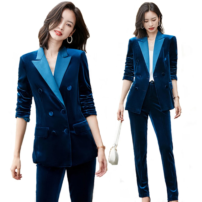 Corduroy Blue Suits Women Autumn Winter 2022 New High End Fashion Temperament Slim Blazer And Pants Office Ladies Work Wear