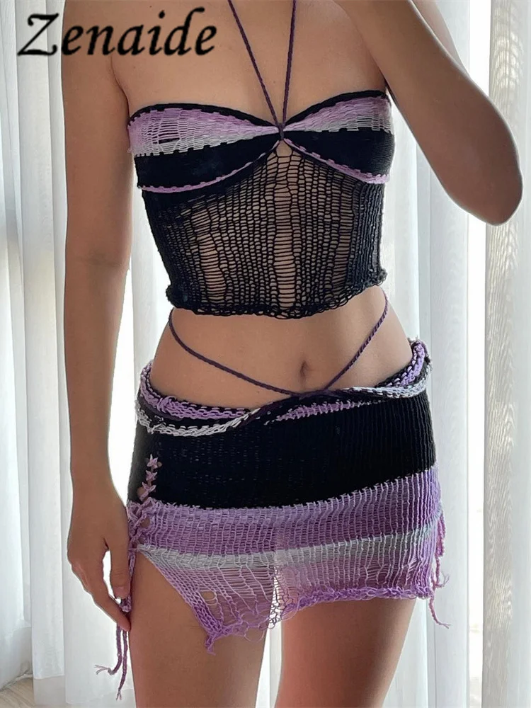 

Zenaide 2023 Summer Halter Neck Crop Top And Mini Skirt Knitted 2 Piece Set Sexy Party Club Beach Crochet Outfits