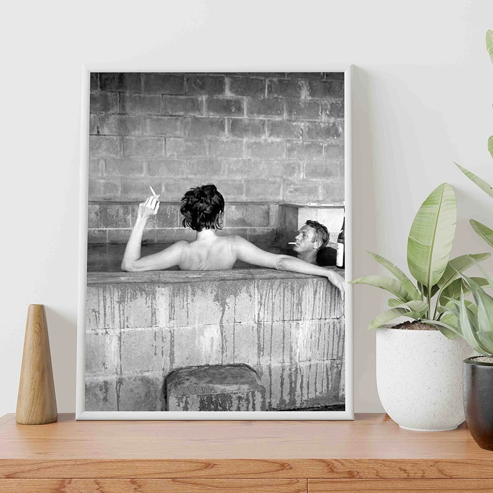 

Black White Bathtub Soaking Poster Movie Actor Retro Vintage Classic Art Photography Picture Home Decor Canvas Painting