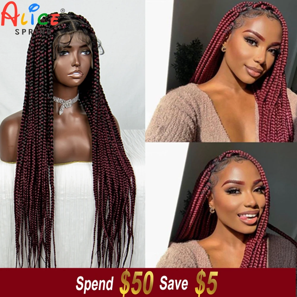 

99J Synthetic Full Lace Braided Wig Crochet Braid Lace Front Wig Knotless Box Jumbo Braids Wig with Baby Hair for Black Women
