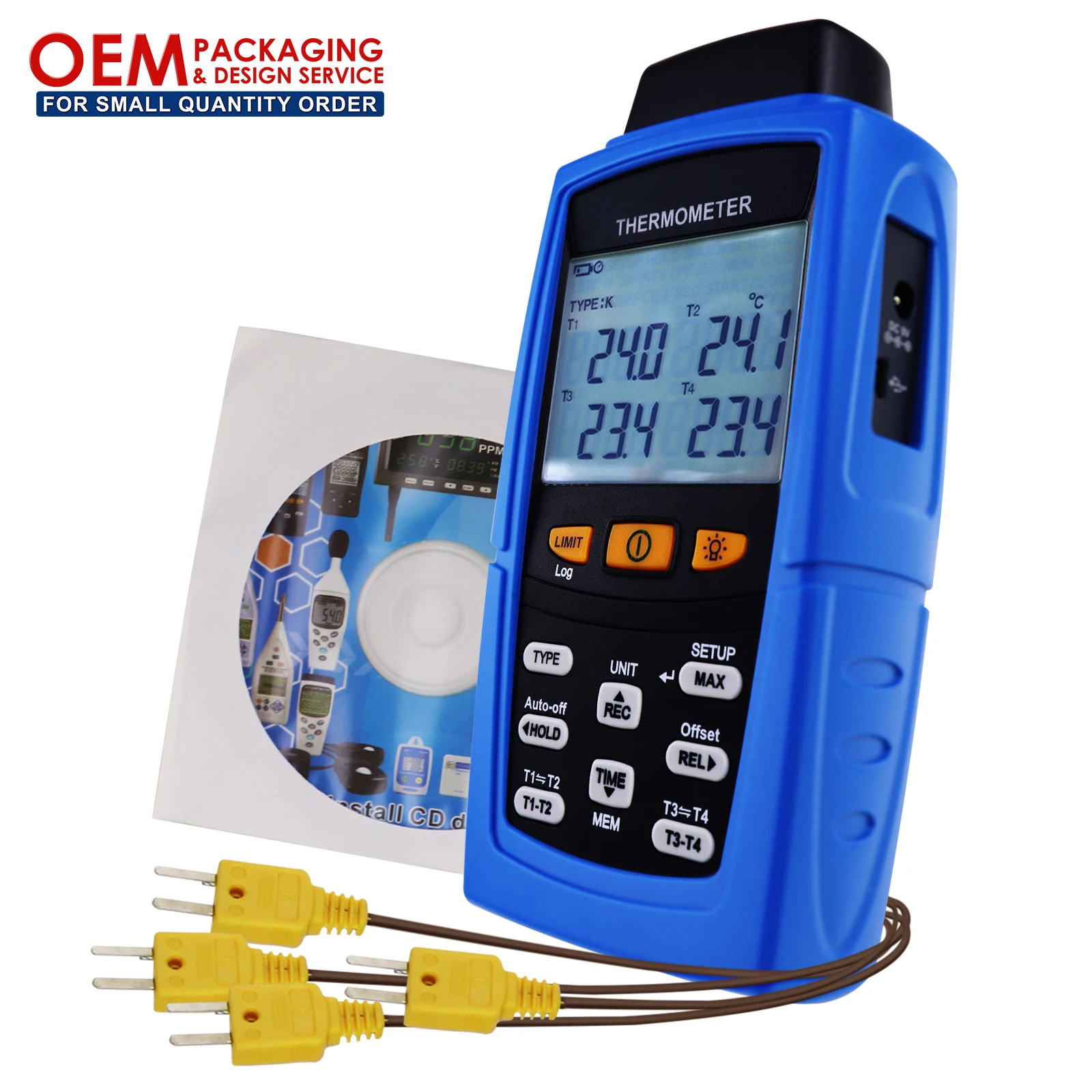 

Thermocouple Thermometer Datalogger T1/T2, T3/T4 Input Terminal 16,800 Data K /J/ T / E/ R / S/ N Type (OEM Packaging Available)