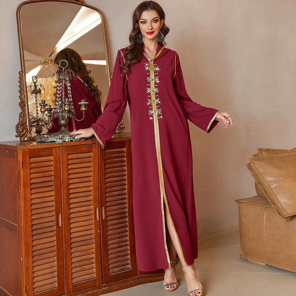 

Abaya Dubai Morocco Pakistani Hooded Dress Burgundy Eid Ramadan Hijab Robe Prayer Dress Turkish Kaftan Islamic Evening Dress