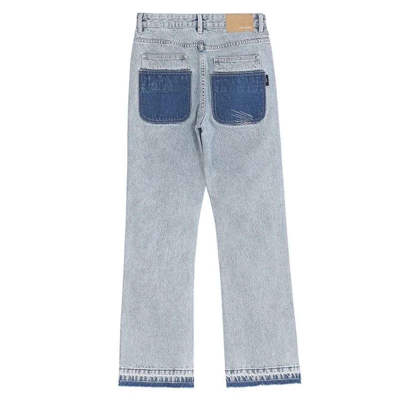 Stars Patch Design Men Jeans Hip Hop Splicing Straight Flare Mens Retro Washed Ripped Oversized Casual Tassel Denim Trousers