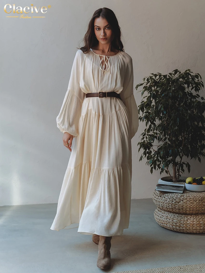 

Зимние свободные бежевые женские платья Clacive 2023, модное платье с круглым вырезом и пышными рукавами длиной до щиколотки, элегантное классическое женское платье на шнуровке
