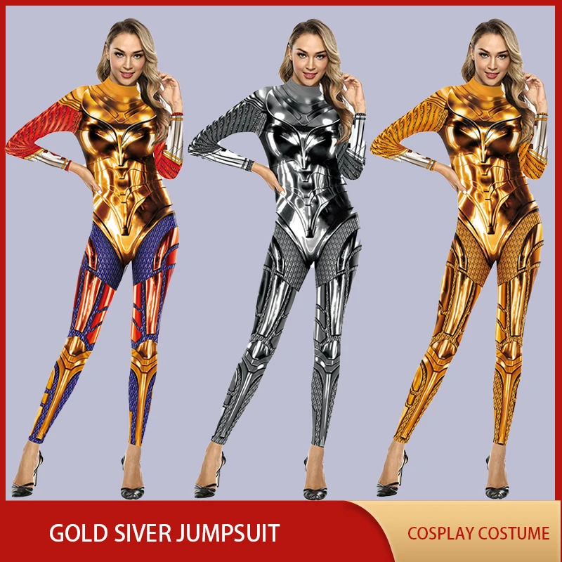 

Movie Superhero Cosplay Costumes 3D Print Jumpsuit Gold Silver Long Sleeve Tight Bodysuit Zentai Fetish Outfit Women Muscle Suit