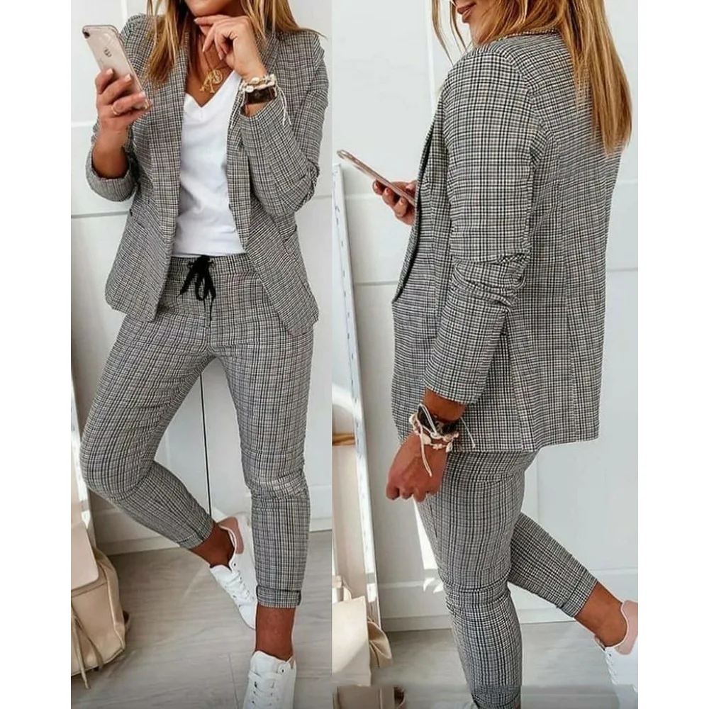 

Spring Autumn Fashion Geometry Print Two Piece Sets Women Elegant Blazer & Pencil Pants Suits Office Lady Casual Slim Outifits