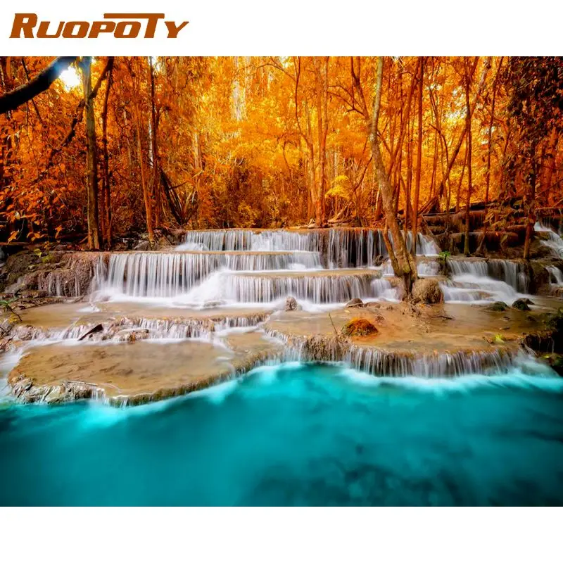 

RUOPOTY Pictures By Number Forest Tree Kits For Adults Handpainted DIY Paint By Number River On Canvas Home Decoration