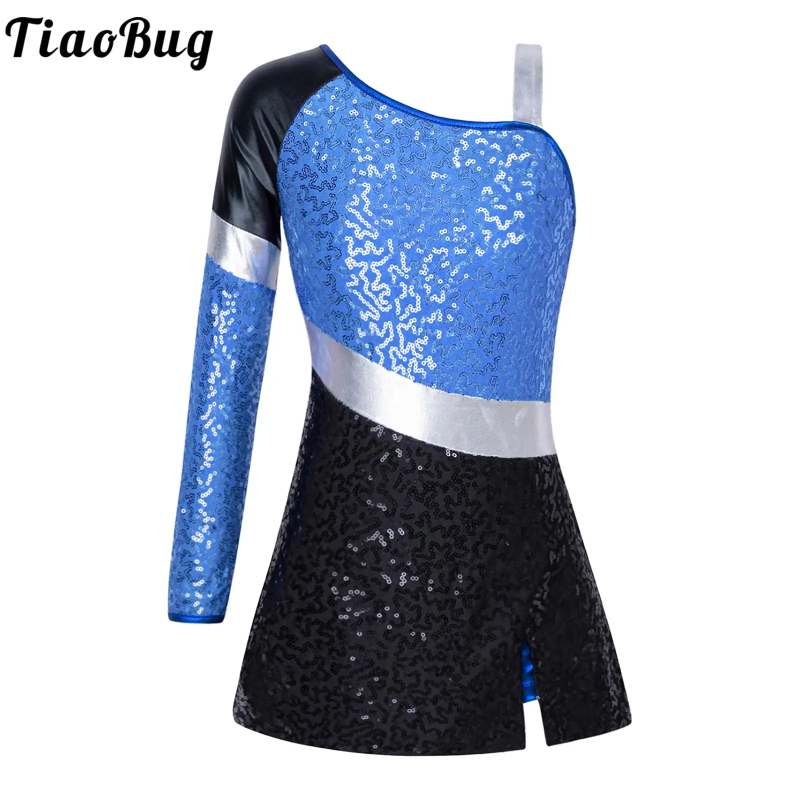 

Kids Girls Sparkling Sequins Gymnastics Unitards Ballet Dress Shiny Jumpsuit Single Long Sleeve Latin Jazz Dancewear Leotard