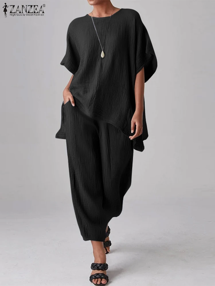 

ZANZEA Holiday Textured Matching Sets Short Sleeve Top 2023 Summer Pant Sets Women Loose Tracksuits Casual Solid 2pcs Outfits