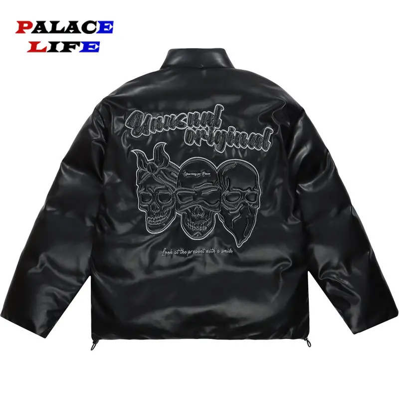 Winter PU Leather Parkas Jackets Men Streetwear Hip Hop Embroidery Skull Skeleton Thicken Warm Padded Coats Casual Jackets