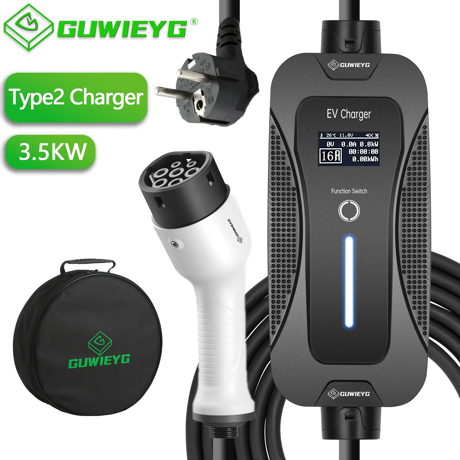 

GUWIEYG Portable EV Charger Type2 IEC62196-2 8/10/13/16A EVSE Charging Cable EU Plug Controller Wallbox for Electric Car