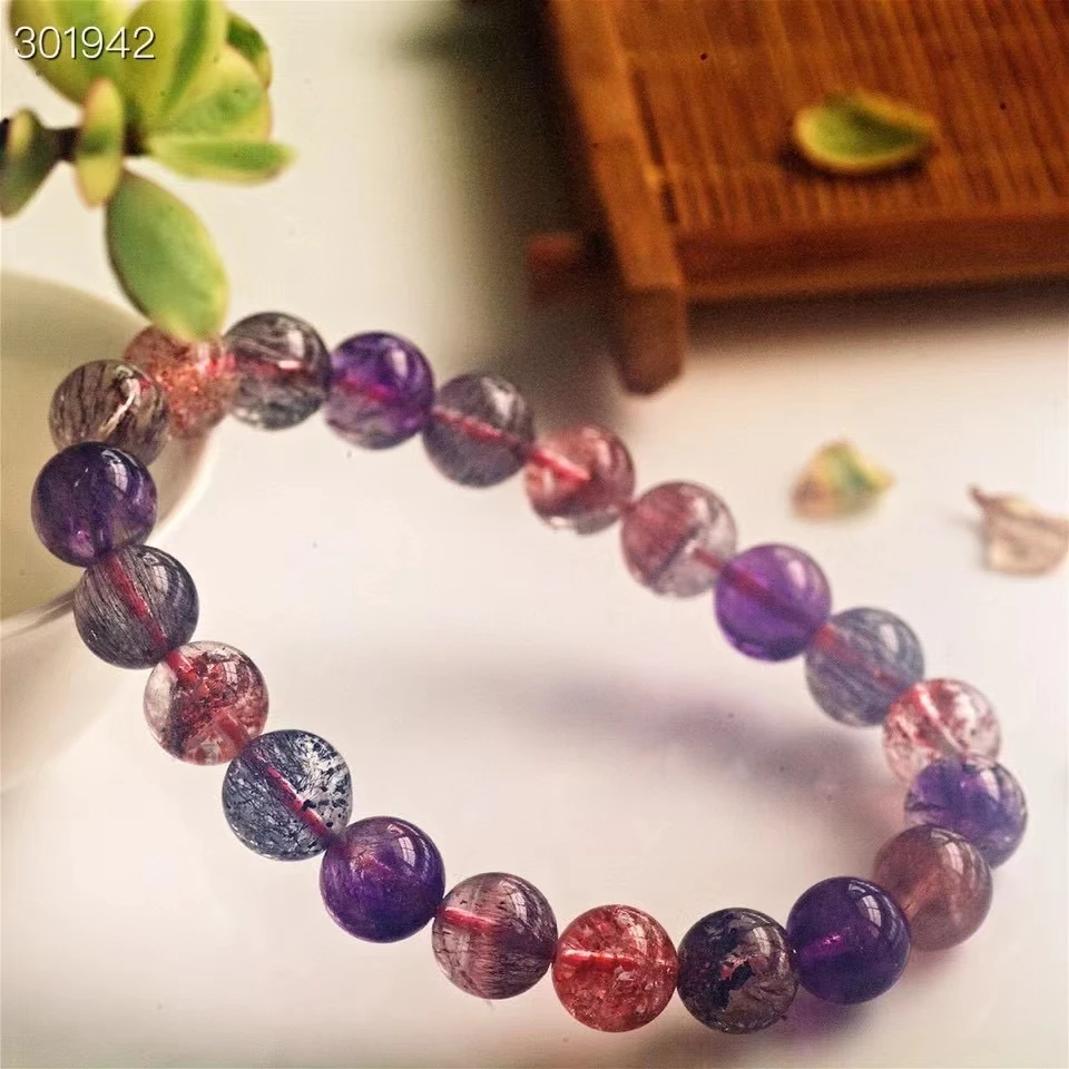 

9.3mm Natural Colorful Super 7 Seven Red Lepidocrocite Quartz Bracelet Woman Men Purple Rutilated Quartz Clear Beads AAAAAAA