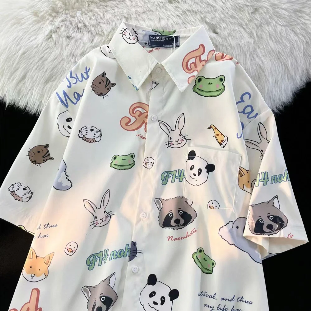 Japanese Cute Polo Shirt Loose Button Up Shirt Women Blouse Tops Mujer Short Sleeve Cartoon Animal Head Full Print Korean Summer