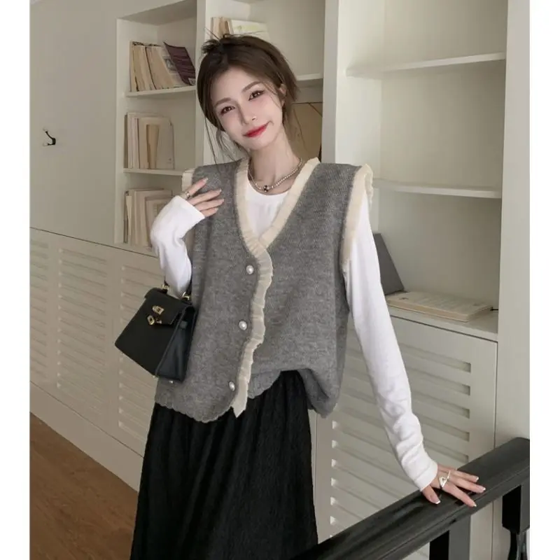 Женский осенне-зимний корейский свободный модный кружевной лоскутный трикотаж с