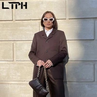 ltph casual streetwear blazer women ins vintage dark brown long sleeve jacket business all match lady suit coat 2022 spring new