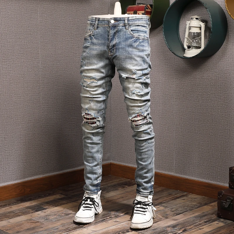 Streetwear Fashion Men Jeans Retro Blue Stretch Elastic Slim Fit Hole Ripped Jeans Men Patch Designer Hip Hop Brand Pants Hombre