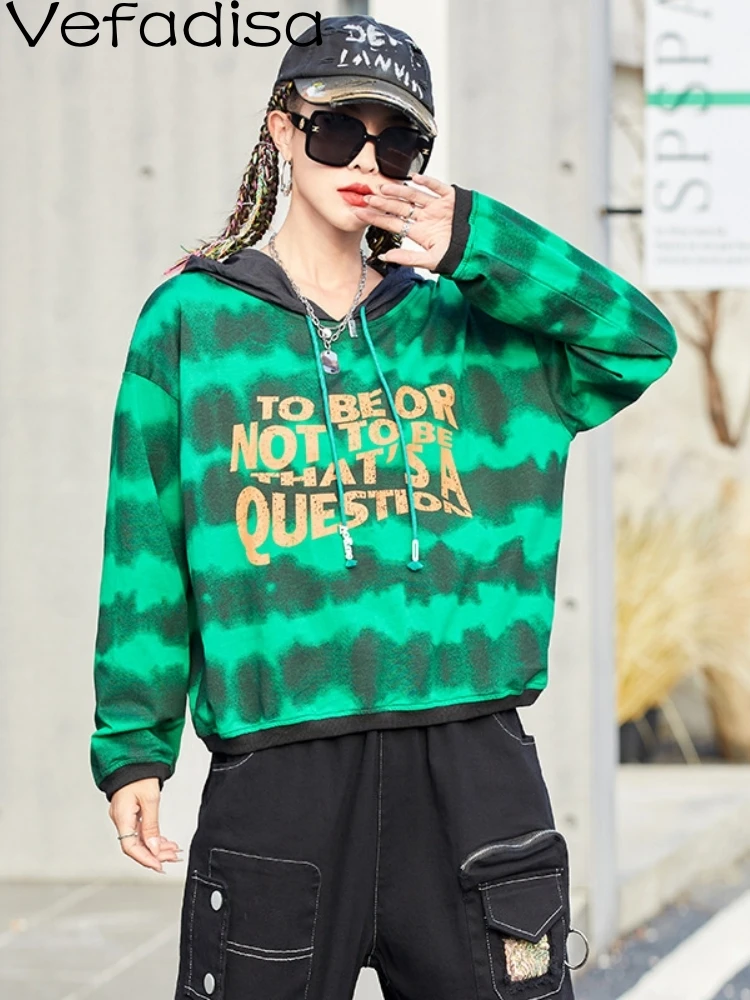 

Vefadisa 2023 Autumn Fashion Women Color Contrast Striped Letter Printted Pullover Causal Loose Long Sleeve Hooded Top LWL130