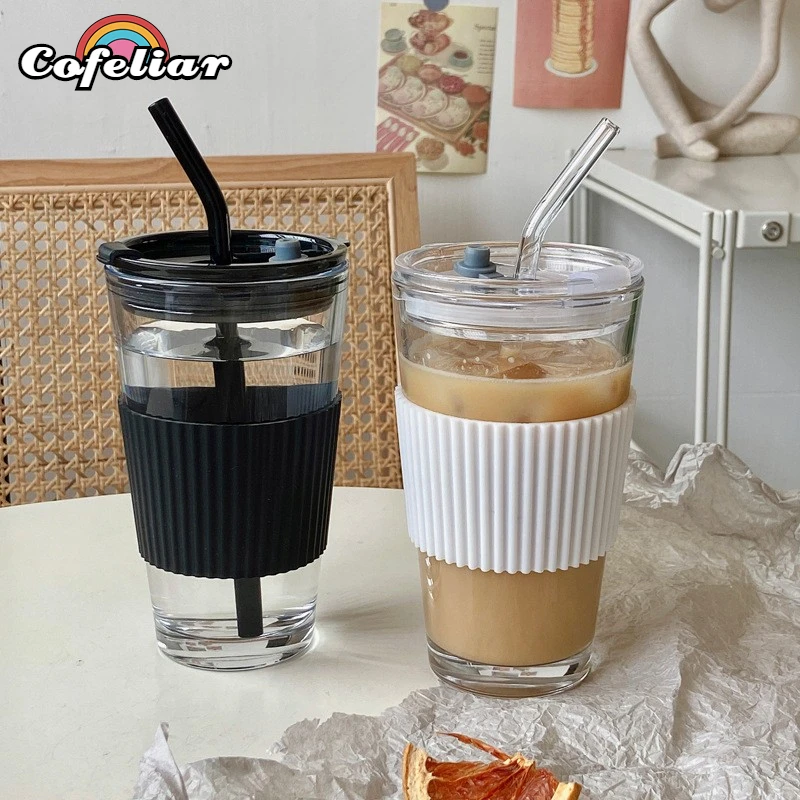 

400ml Transparent Glass Cup Simple Coffee Mug with Lip Straw Cold Drinking Cup Home Office Milk Ice Coffee Juice Water Cup Gift