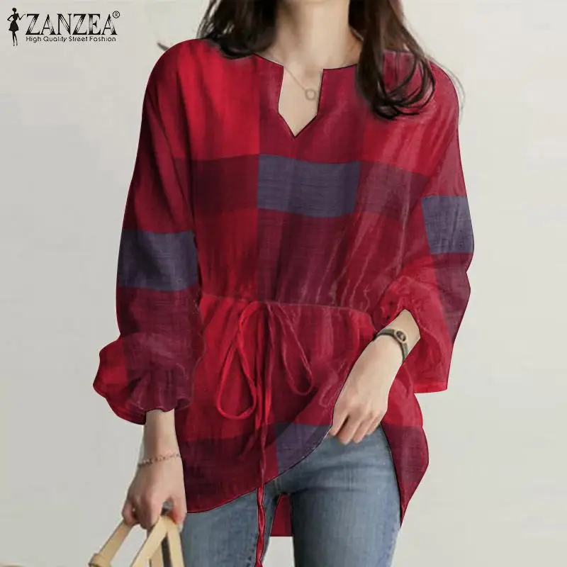 

ZANZEA Elegant Checked Long Sleeve Shirt Women Casual Drawstring Print Blouse 2022 Korean Plaid V Neck Tunic Top Femininas Blusa