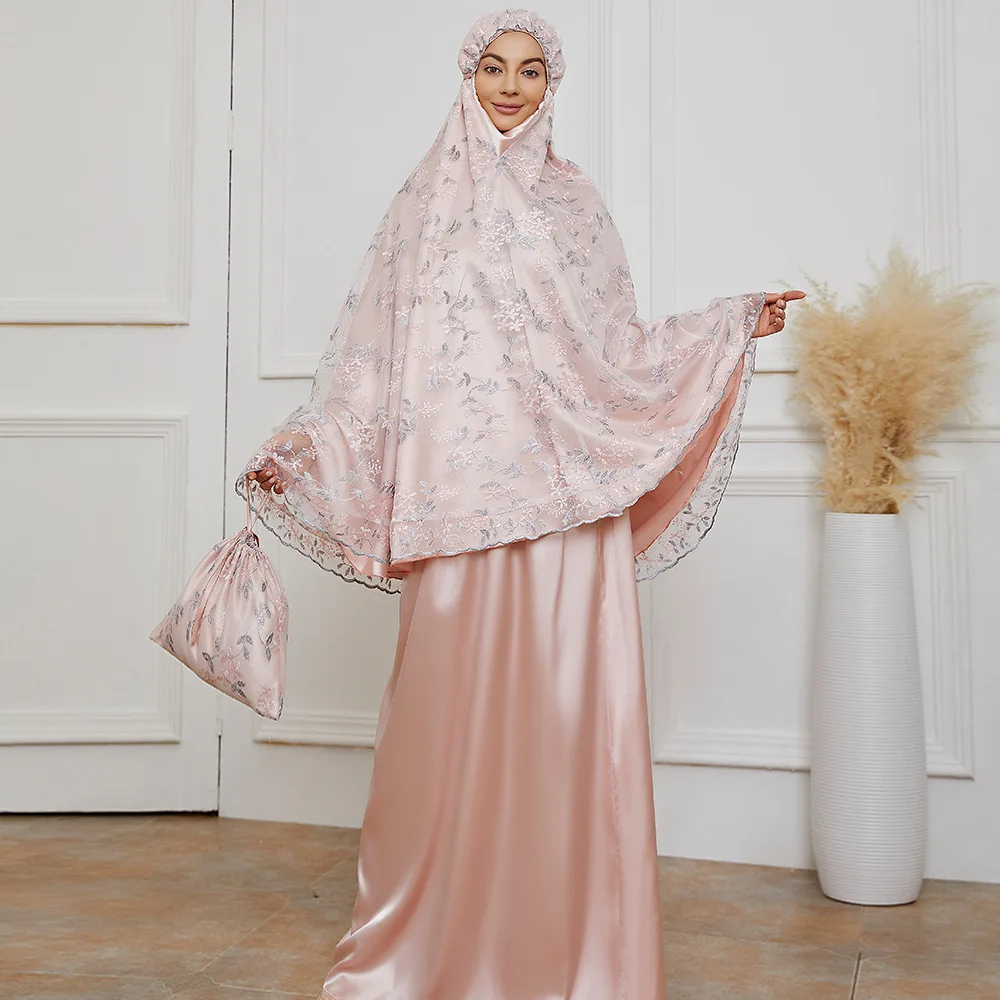 Wepbel Рамадан ИД молитвенная одежда розовые вышитые кружева 2 предмета наборы хиджад абайя платье Дубай мусульманская одежда с полным покрыт...