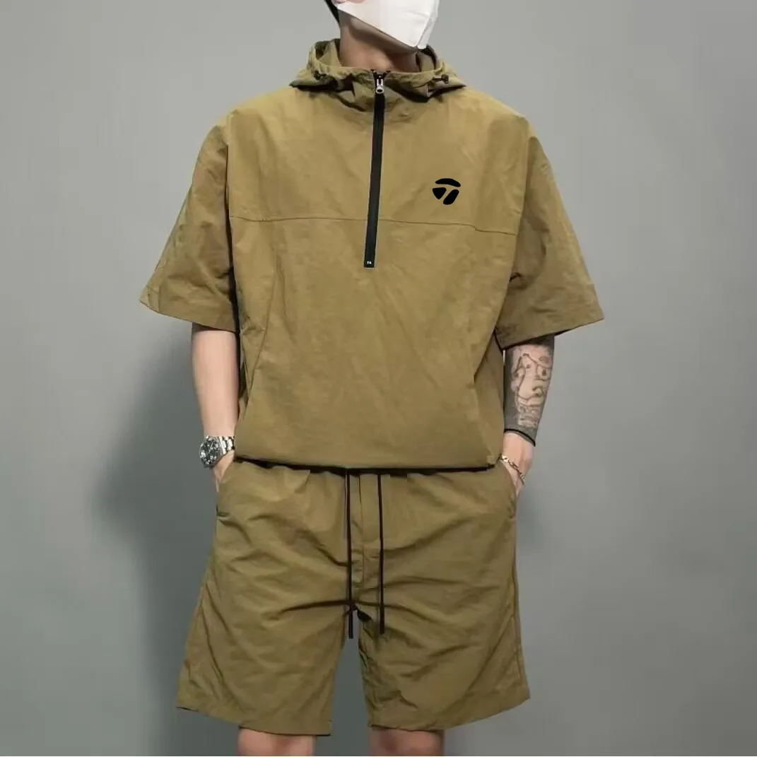 

Комплект спортивной одежды мужской из двух предметов, футболка с капюшоном на молнии и подходящие шорты, повседневный костюм для гольфа, большой размер 4XL, летняя одежда