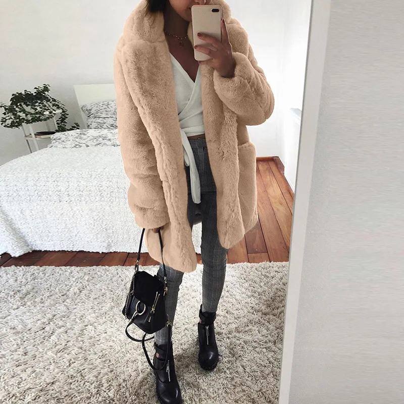 Winter Lapel Mid Length Fur Coat for Women Solid Fashion Casual Rabbit Fur Warm Coat for Women