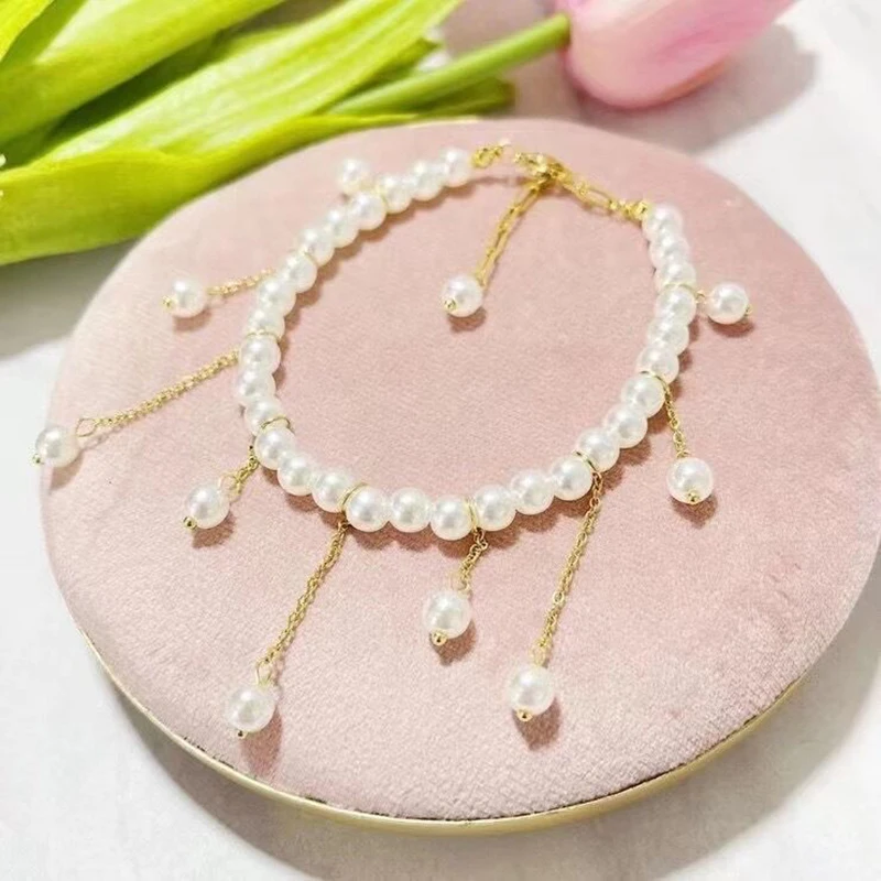 

316L Stainless Steel Female Style Fashion Attractive Pearls Strand Bracelets Chains Sideways Wristband