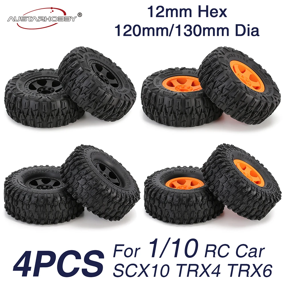 

AUSTARHOBBY 2.2in 1/10 RC Crawler Beadlock Wheels and Tires Rims Set Mud Tire for Axial SCX10 TRX4 TRX-6 Short Course Truck
