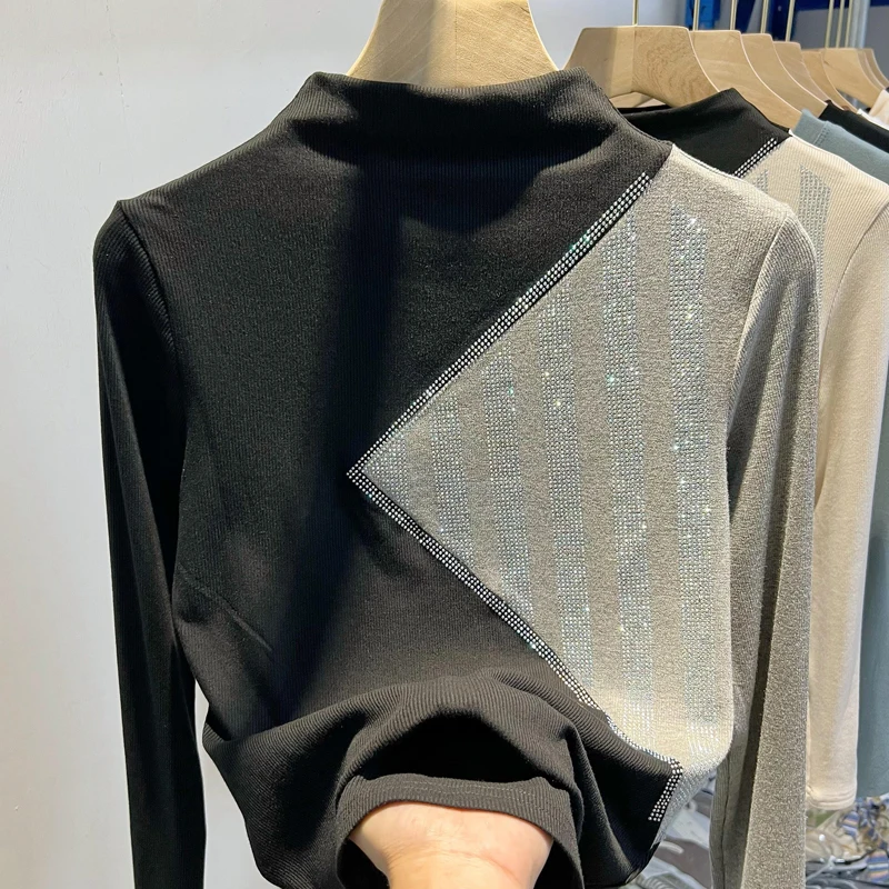 

Blingbling Contrast Color Hot Drilling Half High Collar Autumn Winter Basic T-shirt for Women All-match Long Sleeve Knitted Tops