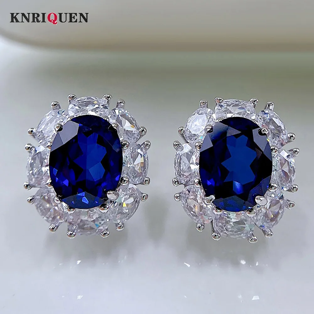 

Vintage 100% 925 Solid Silver 7*9MM Sapphire Lab Diamond Stud Earrings for Women Gemstone Wedding Party Fine Jewelry Lady Gifts