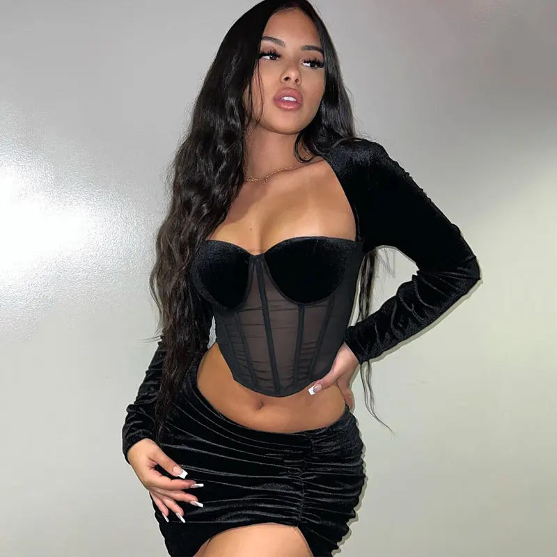 

Бархатный сетчатый корсет с длинным рукавом, укороченный топ, мини-платье с рюшами, комплект из 2 предметов, облегающая Сексуальная уличная ...